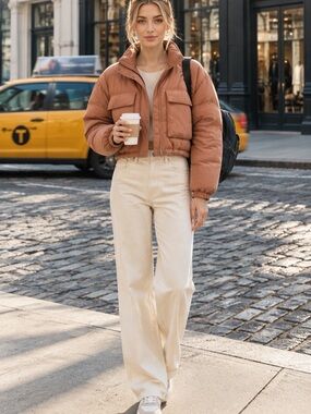 Blank NYC Puffer Jacket Cropped in Terracotta Color